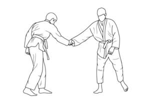 Line drawing of two young sportive judoka fighter. Judoist, judoka, athlete, duel, fight, judo vector