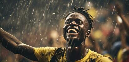 ai generado fútbol jugador en el lluvia pateando un pelota en frente de el multitud foto