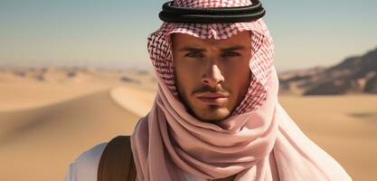 ai generado hombre en el Desierto vestido en un árabe ropa foto