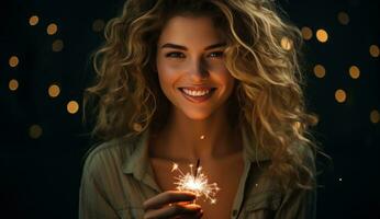 AI generated one woman holding a sparkler while smiling with dark background photo
