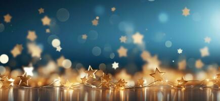 AI generated golden stars on blue background with bokeh reflection photo