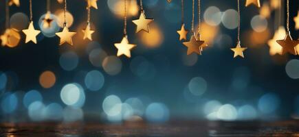 AI generated golden stars on blue background with bokeh reflection photo