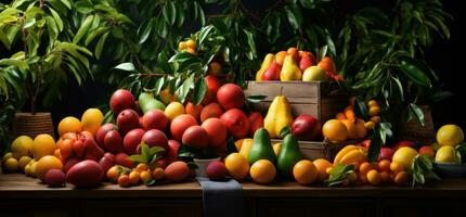 AI generated many different mangoes are shown on a wooden table photo