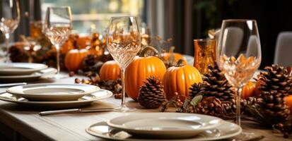 AI generated the table is set with several orange pumpkins, pinecones and pine cones photo