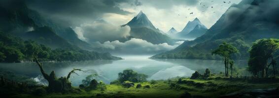 AI generated tropical forest with mountains and clouds photo