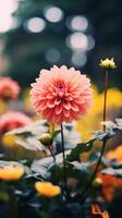 AI generated a blooming flower in a garden with a blurred background of other plants photo