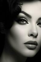 AI generated A black and white image of a model's face with a dramatic winged eyeliner and long lashes photo