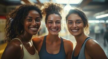 AI generated three friends smiling for a photo at a gym