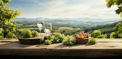 AI generated table with wine and fruit on the ground overlooking a vineyard photo