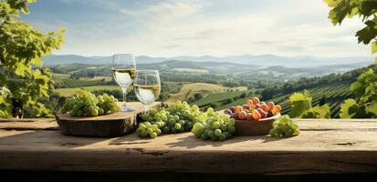 ai generado mesa con vino y Fruta en el suelo con vista a un viñedo foto