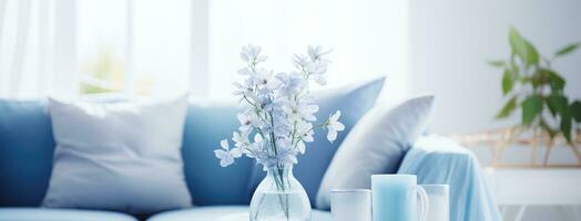 AI generated clean and bright living room with blue furniture and blue pillows photo