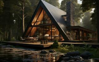 AI generated the home is sitting in the woods with trees around photo
