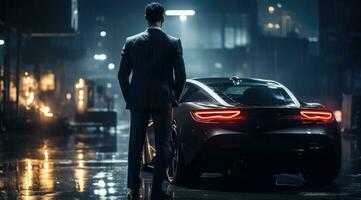 AI generated businessman looking at his sports car in the night city photo