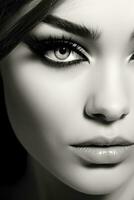 AI generated A black and white image of a model's face with a dramatic winged eyeliner and long lashes photo