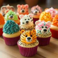 AI generated A close-up of cute animal-shaped cupcakes decorated in vibrant colors photo