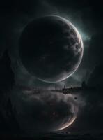 AI generated Dark world Fantasy landscape with full moon and foggy sky. photo