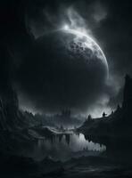 ai generado oscuro mundo fantasía paisaje con lleno Luna y brumoso cielo. foto