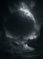 AI generated Dark world Fantasy landscape with full moon and foggy sky. photo