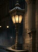 AI generated Roman empire Street lamp at night in the old town of Madrid, Spain. photo