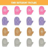 Find different colorful mitten in each row. Logical game for preschool kids. vector