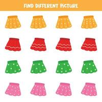 Find different colorful skirt in each row. Logical game for preschool kids. vector