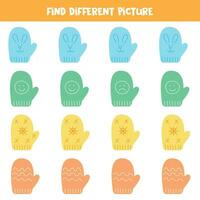 Find different colorful mitten in each row. Logical game for preschool kids. vector