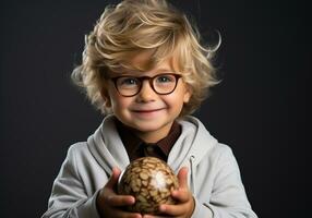 AI generated Child with big chocolate egg in hands. Easter time. photo