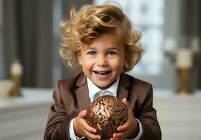 AI generated Child with big chocolate egg in hands. Easter time. photo