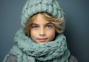 ai generado niño vestido calurosamente en un de lana sombrero y bufanda. invierno tiempo. estudio foto