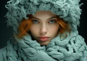 AI generated Woman dressed warmly in a woolen hat and scarf. Winter time. Studio photo. photo