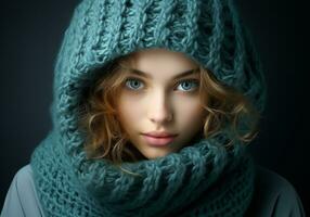 AI generated Woman dressed warmly in a woolen hat and scarf. Winter time. Studio photo. photo