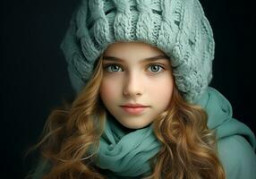 ai generado niño vestido calurosamente en un de lana sombrero y bufanda. invierno tiempo. estudio foto