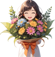 ai généré magnifique fille avec fleurs bouquet image png