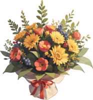 ai gegenereerd bloemen boeket verpakt met papper en lint klem kunst png