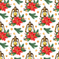 vattenfärg illustration av en jul lykta mönster med julstjärna, gran grenar, blåklockor och grenar med röd bär. isolerat sammansättning för affischer, kort, banderoller, flygblad, täcker, plakat png