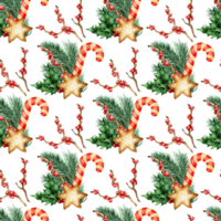 Watercolor illustration of a pattern of fir branches and red berries, lollipop, cookies, holly. Isolated. Ideal for Merry Christmas and New Year packaging, greeting cards, flyers, brochures. png