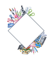 Watercolor illustration in diamond frame with students, school supplies, equipment, stationery. Back to school. Education concept isolated. hand drawn. png