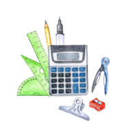 Watercolor illustration of a set of physics and mathematics calculator, pen, rulers, pencil, compass, sharpener, clip. School, university. Education, knowledge, science. Isolated . drawn by hand. png