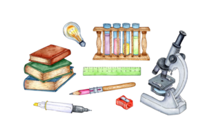 A set of watercolor illustrations for chemistry lessons. Chemical laboratory. Chemical equipment. Microscope, flask, test tube, books, ruler, pencil, light bulb, sharpener, pen. For stickers, cards, png