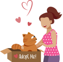 huisdier adoptie en dier onderdak concept. vrouw in liefde met gember kat in adopteren me doos. png