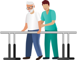 Physiotherapist assist senior man walking on parallel bars to recovery from orthopedic problem. png