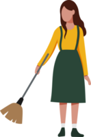 Woman holding broom sweeping floor. Cleaning and household chores. PNG flat design.