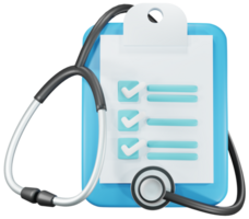 Medical check list board with health check up list and stethoscope wrapped around. 3D cartoon character. png