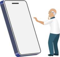 Senior man touch smartphone touch screen with confused manner. Elderly and technology concept. png