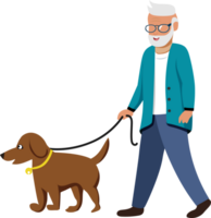 senior man gående med hund på gata. utövar för äldre för friska åldring och välbefinnande. png