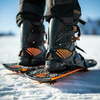 AI generated A close-up of a snowboarder's feet strapped into their board photo