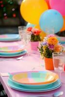 AI generated festive table setting with colorful plates, and balloons, ready for a fun and lively birthday party photo