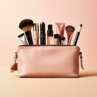 AI generated makeup pouch with carefully arranged products, showcasing the essentials for daily routine or travel photo