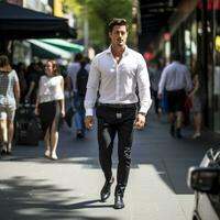 AI generated man wearing a crisp white shirt and tailored black pants, walking confidently down a busy street photo