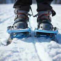 ai generado un de cerca de un snowboarder pies atado dentro su tablero foto